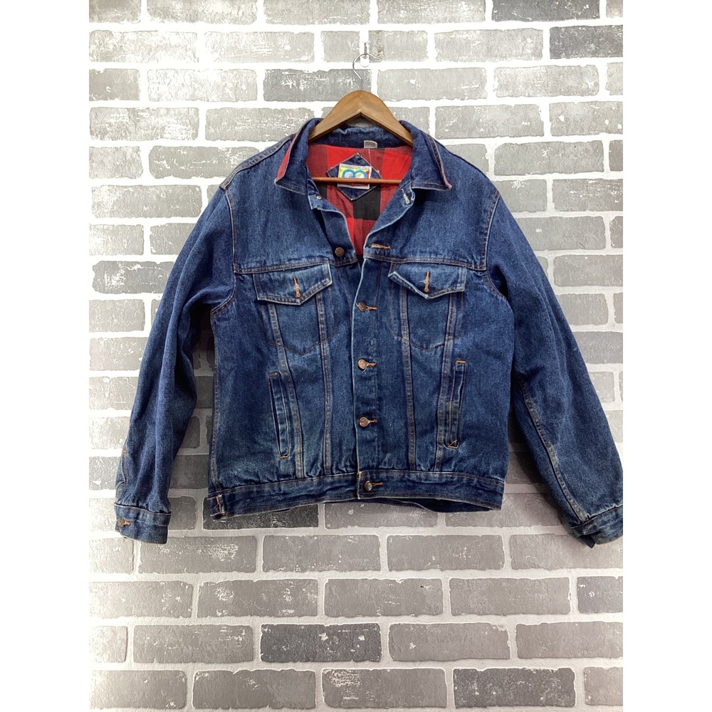 Generation One Vintage Denim Jacket Flannel Lined Buffalo Plaid Trucker Blue L
